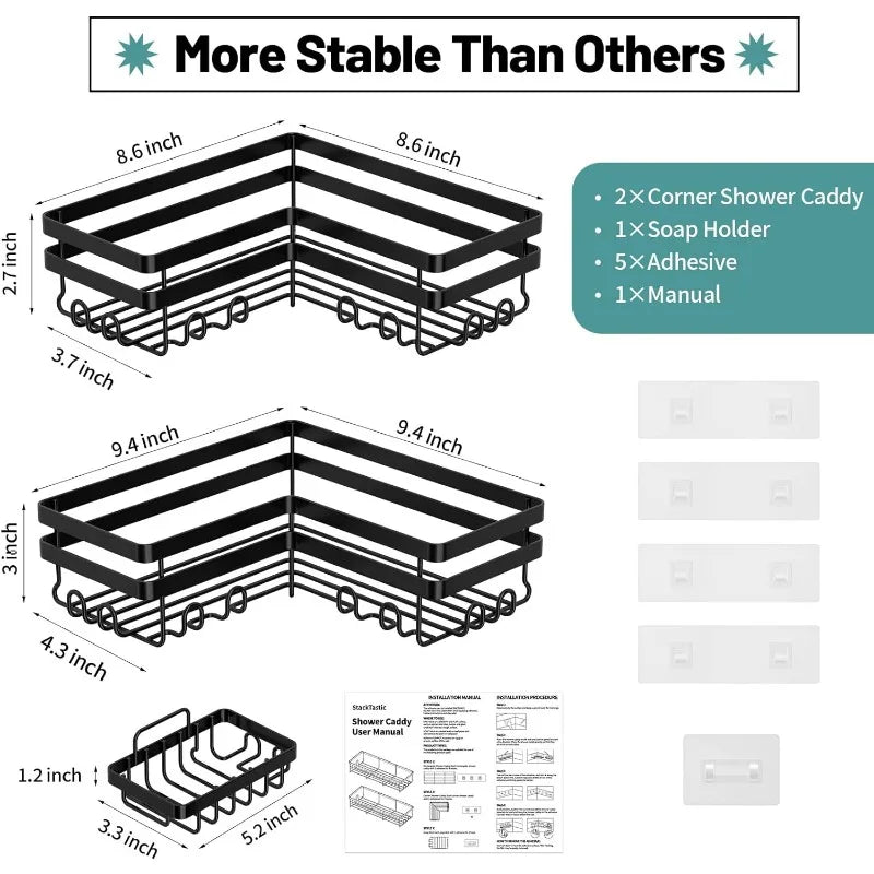 Adhesive Bathroom Corner Shower Caddy with Hooks