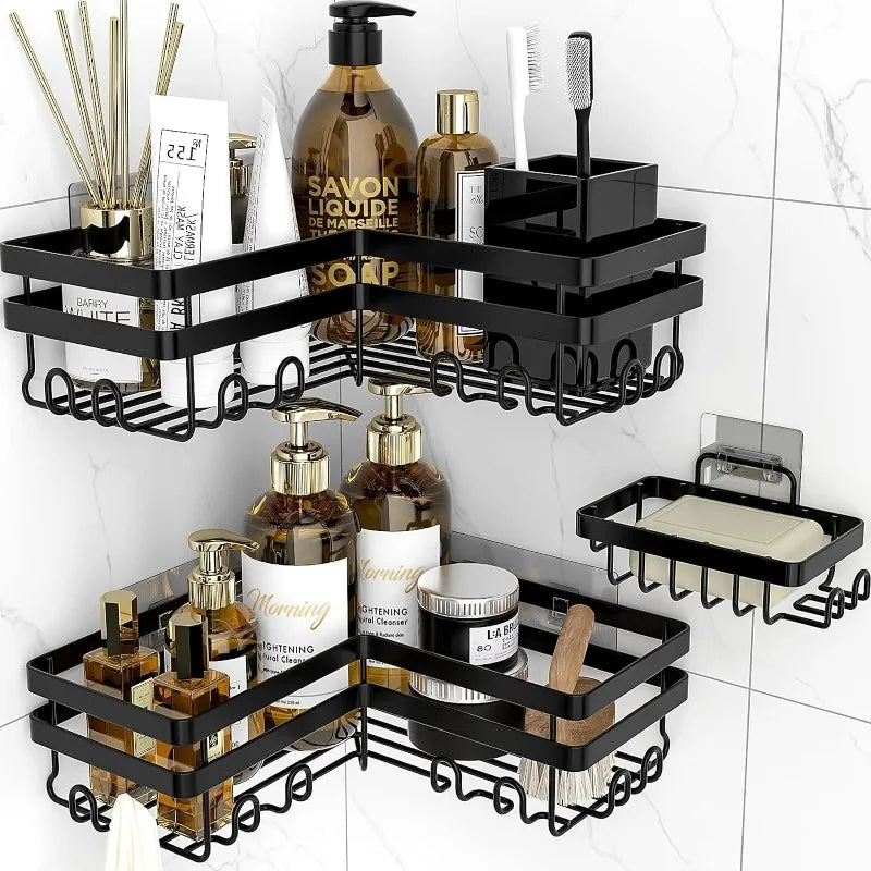 Adhesive Bathroom Corner Shower Caddy with Hooks