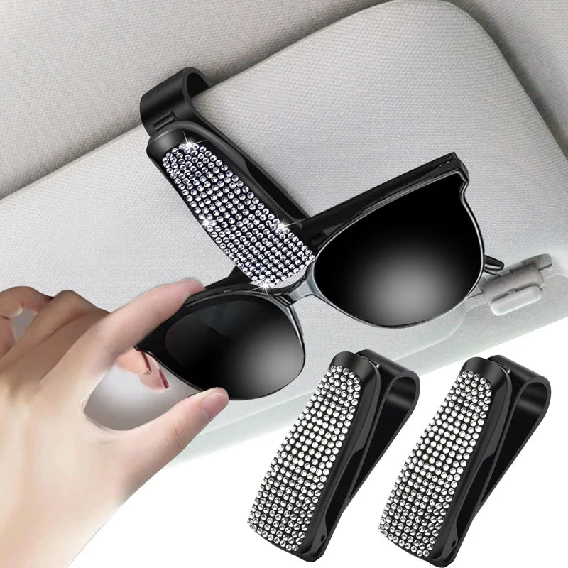 Sun Visor Mount Sunglasses Clip Holder Rhinestone Bracket Portable Sunglasses Car Crystal Clip Decoration Accessories Women Gift